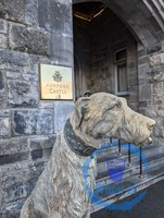 The Ashford Castle sign and wolf hound statue